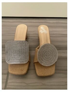 Beige Woven Slide Sandals with Silver Embellishment - Women